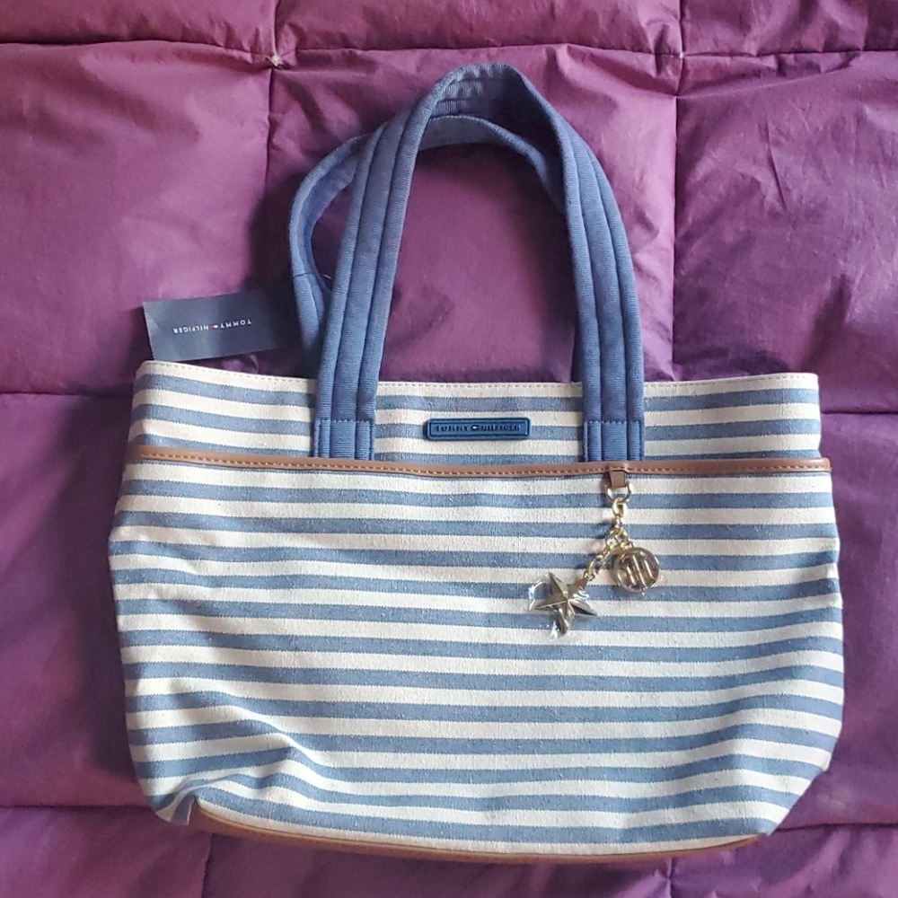 Tommy Hilfiger Blue / Off-White Striped Canvas Summery Nautical Tote Bag